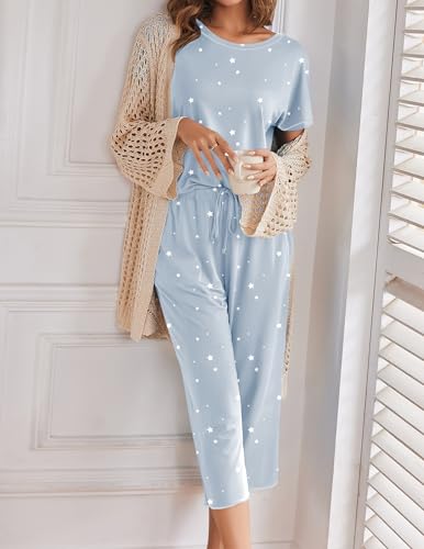 Image of Ekouaer Womens Capri Pajama Sets 2 Piece Floral Print Short Sleeve Sleepwear Top and Capri Pants Soft Loungewear with Pockets Blue White Stars XXL
