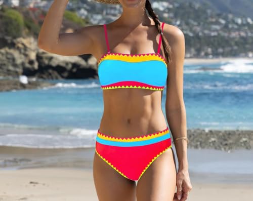 Sexybody Women's Bandeau Bikini Strapless Bikini Neon Color Block Two Piece Whip Stitch Trim Bathing Suits3