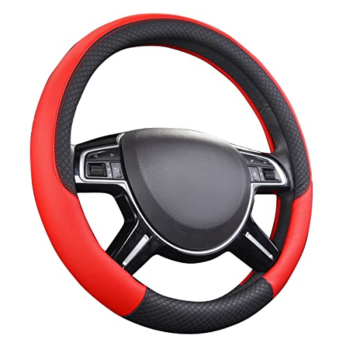 Car Pass Rhombus Leather Universal Steering Wheel Cover, Fit For Suvs,Trucks,Cars,Sedans,Vans (Black&Red) #TOP6