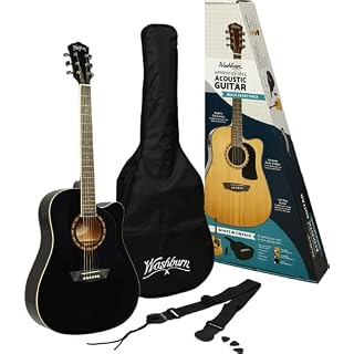 Guitare folk electro acoustique Washburn Apprentice pack D5CE noire – Inclus un gigbag, une sangle et des médiators - Les Beatles, Paul McCartney, John Lennon, RIngo Starr, George Harrison