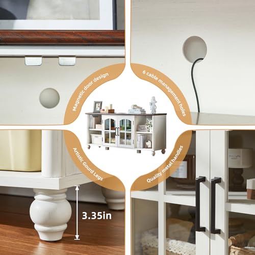 Image of RWYHG Farmhouse TV Stand for 60 in TV, Entertainment Center for Living Room | Adjustable Shelves, Magnetic Glass Door, Sturdy Gourd Base, Wood Grain Top, High Capacity Storage Cabinet, White