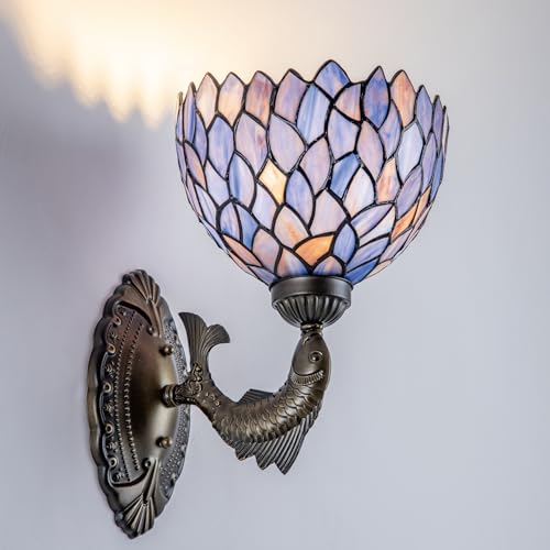Image of Wisteria Style Wall Sconce 8 inch Blue Purple Stained Glass Tiffany Lamp Antique Bronze Vintage Art Deco Wall Light for Bedroom Hallway Living Room