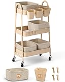 3-Tier Rolling Utility Cart with 4 Woven Baskets, Diaper Book Snack Cart, Storage Organizer for Nursery, Kitchen, Craft Room, Home SPA, Living Room, Metal Frame Trolley on Lockable Wheels, Brown