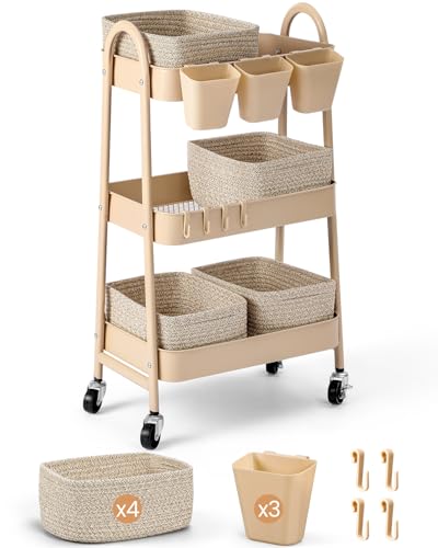 Image of 3-Tier Rolling Utility Cart with 4 Woven Baskets, Diaper Book Snack Cart, Storage Organizer for Nursery, Kitchen, Craft Room, Home SPA, Living Room, Metal Frame Trolley on Lockable Wheels, Brown