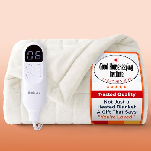 Bedsure Quilted Electric Throw Blanket – Box Stitch White, 6 Heat Settings, 10H Timer, Fast Heating, 160x130cm, Auto Shut-Off