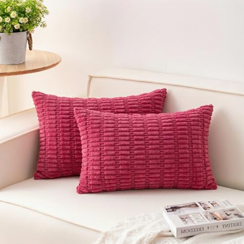 Image of Pack of 2 Corduroy Decorative Throw Pillow Covers 12x24 Inch, Rose Red | Fall Soft Striped Pillow Covers Modern Farmhouse Home Decor Christmas Throw Pillow Covers for Sofa Living Room Couch Bed