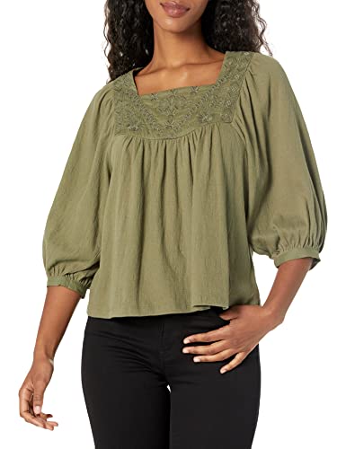 Lucky Brand Women's Tonal Embroidered Square Neck Blouse, Deep Lichen Green, Md (Us 8-10) #TOP19
