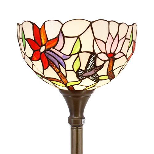 Tiffany Floor Torchiere Lamp 66Tall Uplight Industrial Bronze Pole Vintage Boho Stained Glass Hummingbird Retro Rustic Standing Corner Bright Torch Light Living Room Kids Bedroom Farmhouse WERFACTORY