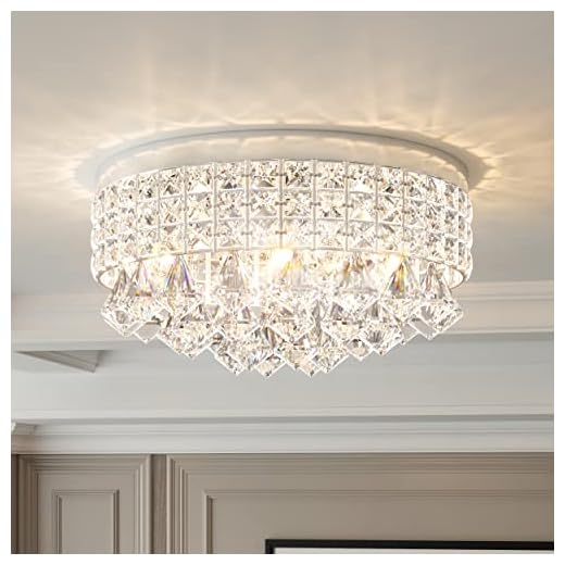 Maxax 4 Lights Crystal Chandelier, Modern Drum Ceiling Light Fixture Lamp, Raindrop Flush Mount Round Metal Shade, for Dining Room, Living Room, Bathroom, Bedroom, Chrome
