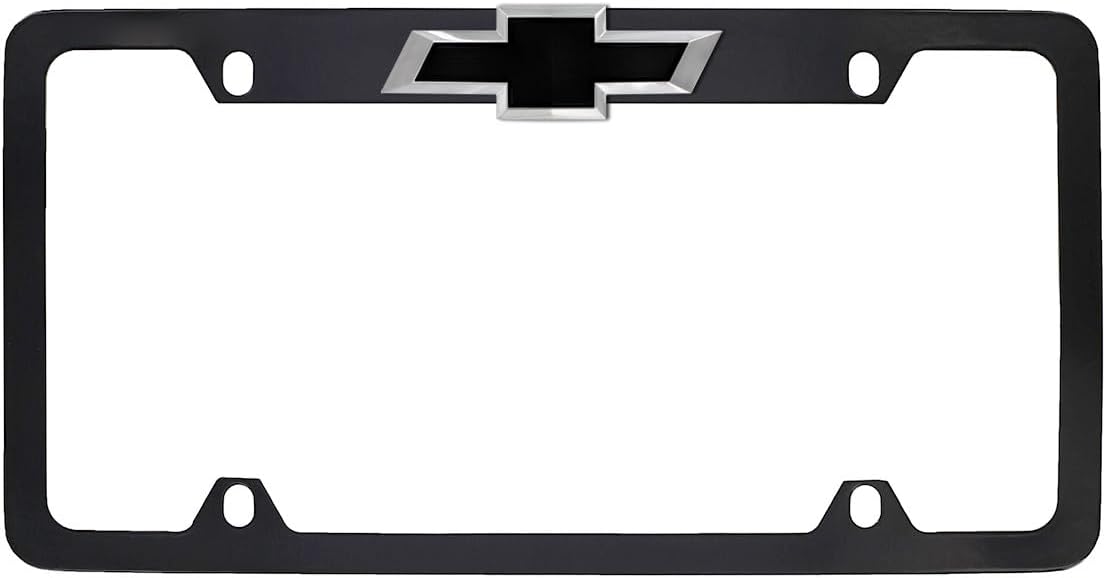 Chevy Metal License Plate Frame Tag Holder with 3D Bowtie Emblem - Black Powder Coated