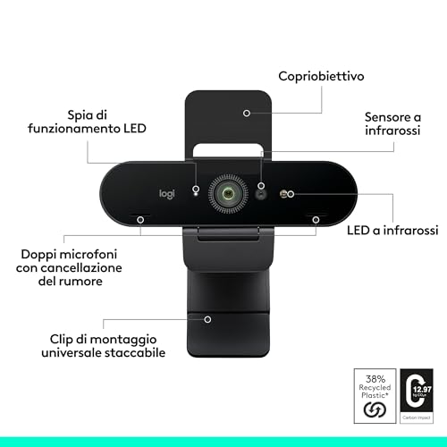 Brio 4K webcam, videochiamate, microfono con cancellazione del rumore, correzione automatica dell'illuminazione HD, per Microsoft Teams, Zoom, Google Voice, Google Meet, PC/Mac/Laptop/Macbook - Webcam - Immagine 5
