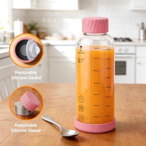 Image of Luxfuel 12 oz Glass Juice Bottles, 6 Pack Leakproof Borosilicate Glass Bottles with Measurement Marks & Stainless Steel Lids for Juicing, Smoothies - Ideal for Office Workers & Healthy Home Juicing