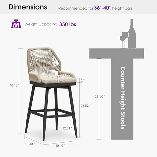 Image of PURPLE LEAF Swivel Counter Height Bar Stools Set of 2, Cushion, Drak Grey | 360 Rotating, All-weather Wicker, Heavy Duty Aluminum, Removable Cushion, Ergonomic Backrest, Indoor Outdoor, Easy Clean