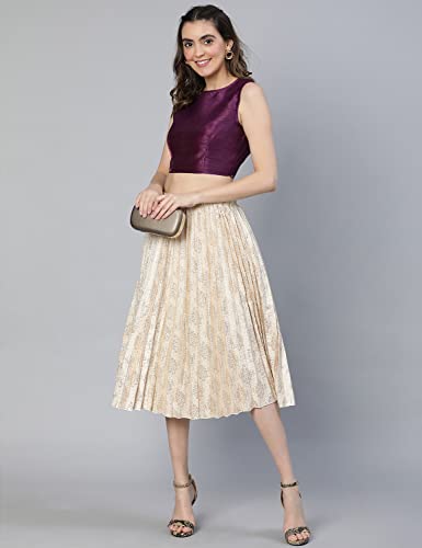 Image of oxolloxo Women Beige Jacquard Printed Pleated & Elasticated Skirt
