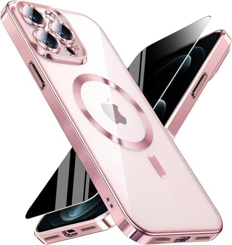 Image of Magnetic for iPhone 12 Pro Max Case with Privacy Screen Protector & Full Camera Cover,[Non-Yellowing] Plating Glossy Soft Shockproof Clear Phone Case with MagSafe Women Girls for 12 ProMax,Pink