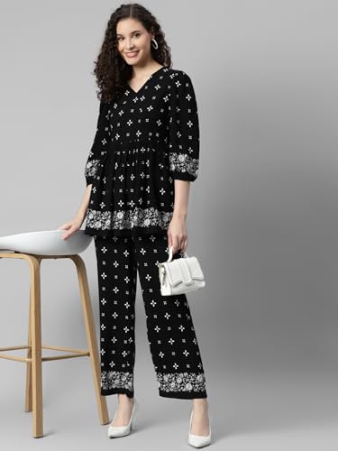 Image of DEEBACO Women's Ethnic Motif Print Rayon Top & Pants Co Ord Set for Women V Neck 3 /4 Puff Sleeve Ladies Party Casual Wear Fashionable for Girls Loose Fit Cord Set (DBCOMR00000981 XL Black)