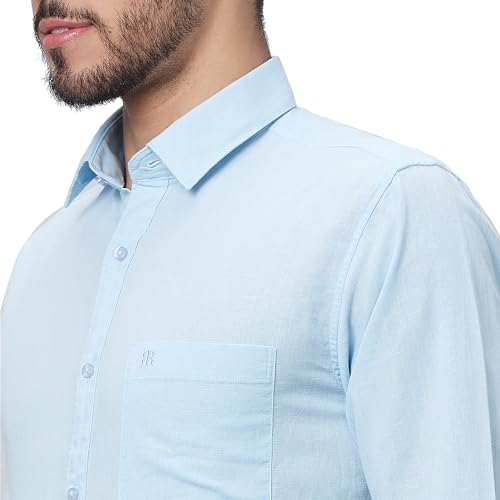 Image of Raymond Men Slim Fit Solid Pattern Linen Cotton Blend Regular Collar Full Sleeve Casual Shirt