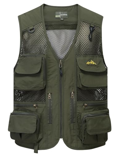 Flygo Men's Mesh Fishing Vest Multi-Pockets Quick-Dry Breathable Waistcoat for Outdoor Hunting Travels Sports (Medium, Army Green)