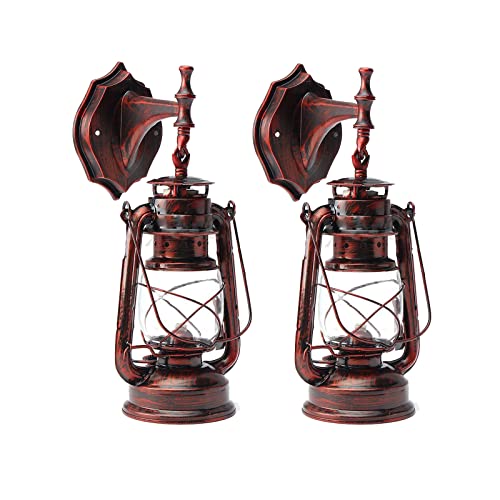 Image of Wall Sconces, Retro Antique Vintage Rustic Lantern Lamp Wall Sconce Light Fixture (Red Bronze - 2 Pcs)