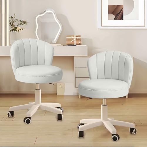Image of Small Desk Chair Round Rolling Chair with Back PU Leather Height Adjustable Swivel Vanity Work Computer Stool Chair for Home Office Bedroom, Set of 2
