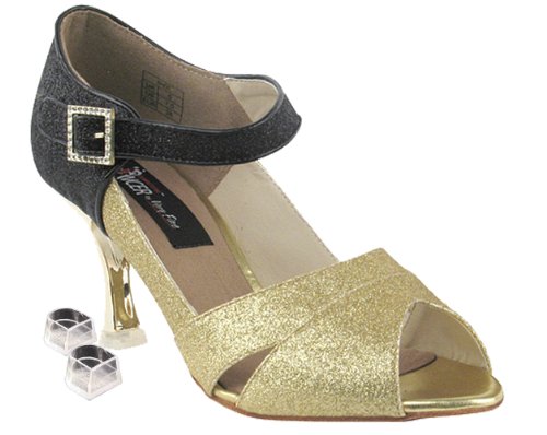 Very Fine Dance Shoes Women's Salsa Ballroom Tango Dance Shoes Style CD3010 Bundle with Plastic Dance Shoe Heel Protectors, Gold Stardust 9 M US Heel 2.5 Inch