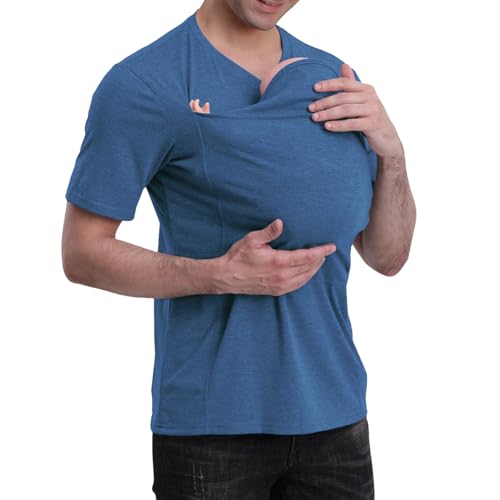 Image of Mens Baby Carrier Shirt, Kangaroo Shirt for Dad and Baby V Neck Short Sleeve Kangaroo T Shirt for Dad with Hat-Blue Grey Hat-S