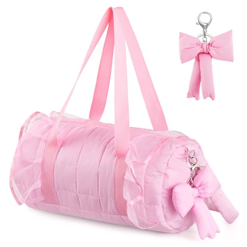 Bulyoou Bolsa de balé acolchoada com pingente de laço para viagem e dança, rosa