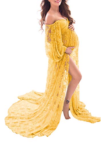 Saslax Soft Stretchy Lace Maternity Dress for Photoshoot Doubly Split A-line Skirt Off Shoulder Pregnancy Maxi Gown Yellow Small