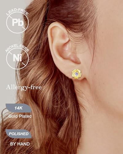 14K Gold Plated Rose Stud Earrings, Hypoallergenic with 925 Sterling Silver Posts, Birthstone Jewelry for Women, Dainty Anniversary Birthday Gifts3