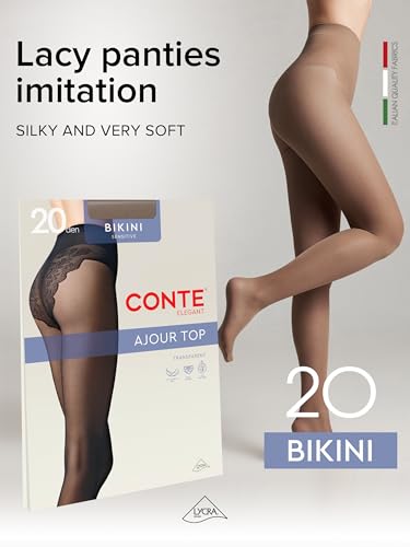 Image of Conte French Cut Sheer Pantyhose Tights with Lace Top Panties Bikini 20 Den