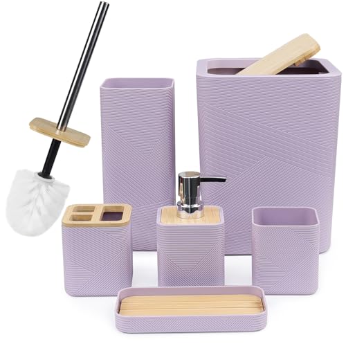CERBIOR Bathroom Accessories Set 6 Piece Bamboo Bath Ensemble Includes