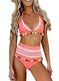 AZOKOE High Waisted Bikini Swimsuit for Women Tassel Trim Pom Pom Trim Bathing Suit White L