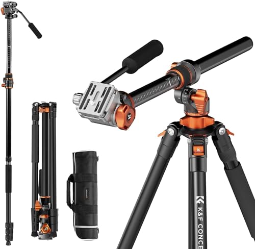 Kamera Stativ,K&F CONCEPT Videostativ Video Tripod mit Fluidkopf,231cm Stativ mit 90° Mittelsäule und Abnehmbarem Einbeinstativ, Aluminium Reisestativ T254A7+FH-03 für DSLR, Camcorder, Kameras