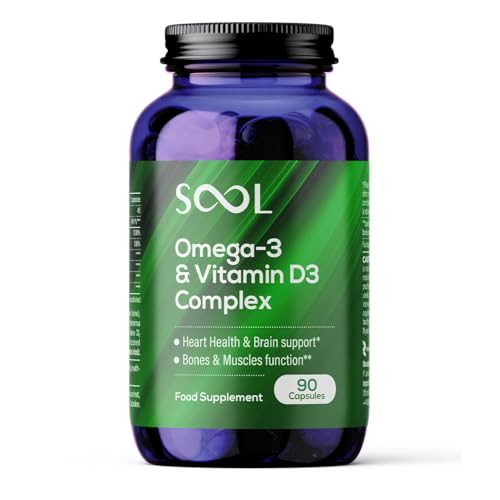 SOOL Complejo de Omega 3 y Vitamina D3 en Cápsulas Blandas, 90 Cápsulas | Aceite de Pescado (20% EPA y 50% DHA) | Función Cerebral y Claridad Mental | Complemento Alimenticio