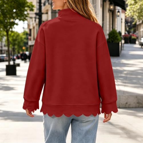 Jielayou Mock Neck Sweatshirt Women Cotton Scalloped Hem Trendy Sweat Shirt - image 5