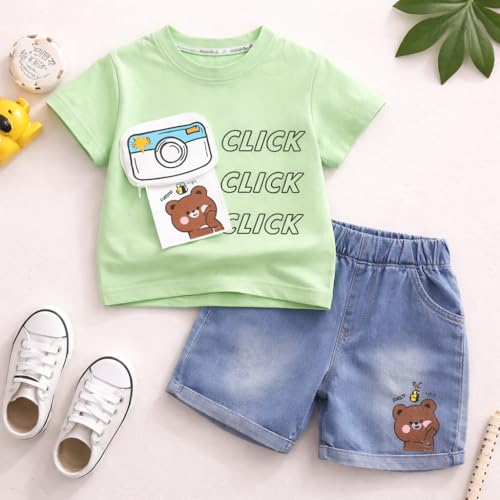 Image of Bold N Elegant Baby Boy Girl Camera Click T-Shirt with Denim Shorts Cotton Co-Ord Set Summer Outfit for Infant Toddler Kids Upto 5 Years