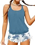 HOTOME Swim Suits for Girls 12-14 Years Old Slimming Loose Fit Solid Color Blue Bathing Suits for Teen Girls Adjustable Shoulder Strap Drawstring Tropical Floral Print 2 Piece Swimsuit with Shorts