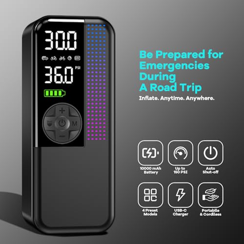 Image of WEOLULI Tire Inflator Portable Air Compressor,150 PSI Cordless Air Pump, 12V DC Car Plug,Dual Power 10000mAh, Fast Inflation 24L /Min, 4 Preset Modes for Car, Bike, Motorcycle, Balls (Black, 10000mAh)