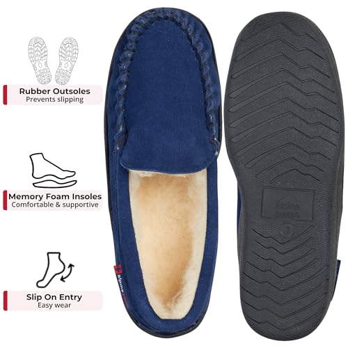 Image of Alpine Swiss Men's Moccasin Slippers Genuine Suede Slip-On House Shoes Memory Foam Insoles Plush Faux Shearling Lining Comfortable Indoor Outdoor Slipper with Anti-Slip Rubber Sole