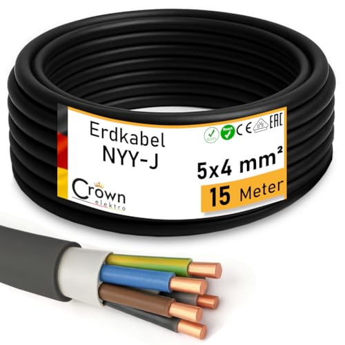 NYY-J 5x4mm² Erdkabel 15m - Elektrokabel Ring für Verlegung im Erdreich & Außenbereich | Kupfer Volldraht | DIN VDE 0276 Teil 603/627 | Deutsche Markenhersteller