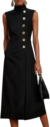 UOOZEE Womens Elegant Formal High Neck Dress Sleeveless Buttons Front Business Casual Work Dress with Pockets
