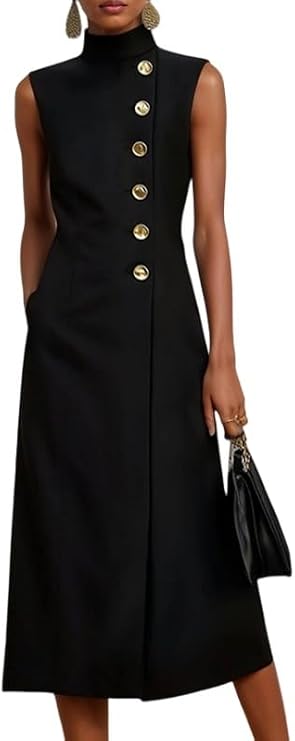 UOOZEE - Vestido formal de cuello alto sin mangas con botones frontales