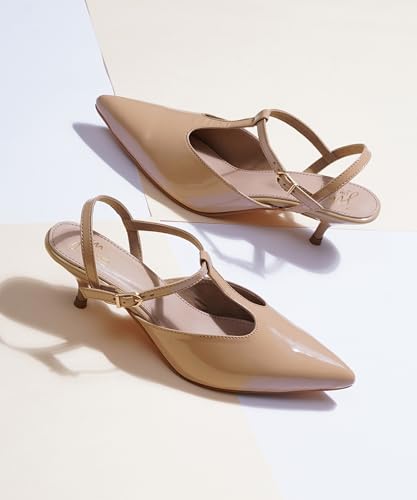 Image of JM LOOKS Minimalist T-Strap Kitten Heels with Sleek Pointed Toe and Adjustable Ankle Fastening Strap