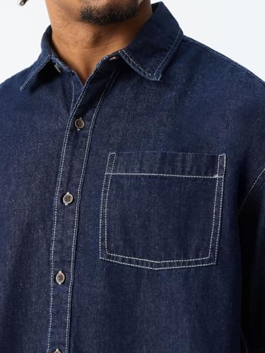 Image of The Souled Store Denim Shirt: Regal Men and Boys Short Sleeve Spread Collar Dark Blue Solid Cotton Lightweight Basic Everyday Office Wear Easy to Style Drop Shoulder Streetwear Casual Oversized Shirt