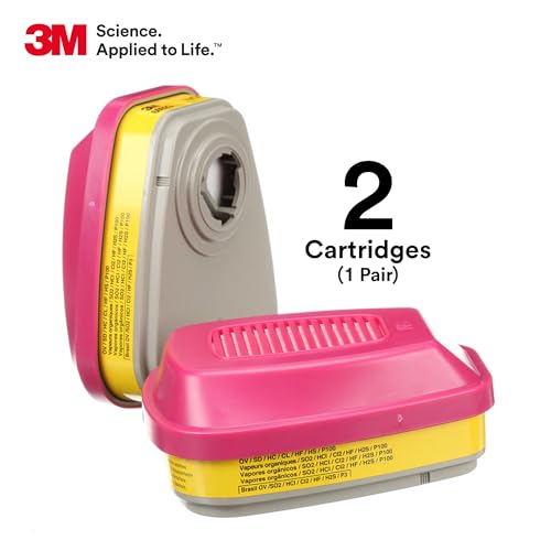 3M P100 Respirator Cartridge/Filter 60923, 1 Pair, NIOSH Approved, Helps Protect Against Organic Vapors, Acid Gases, and Particulates, Magenta, Yellow