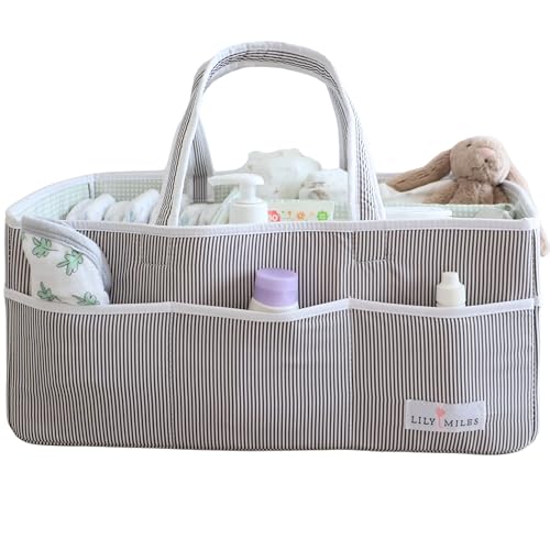 Image of Lily Miles Baby Diaper Caddy - Organizer Tote for Infant Boy or Girl - Baby Shower Basket - Nursery Must Haves - Registry Favorites - Newborn Caddie Car Travel - Gray/Mint, Extra Large