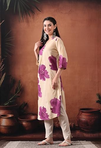 Image of Ichaa Women's Pure Cotton A-Line Ethnic V-Neck Kurta with 3 /4th Sleeve for Daily and Office Wear, in Plus Sizes