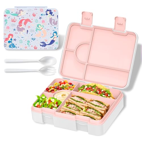 Image of Bento Lunch Box for Kids, Leak-Proof 5-Compartment Cute Lunchbox for Boys Girls, Drop-Proof, Food Container Microwave & Dishwasher Safe, Back to School Supplies for Ages 3 to 7, White /Mermaid