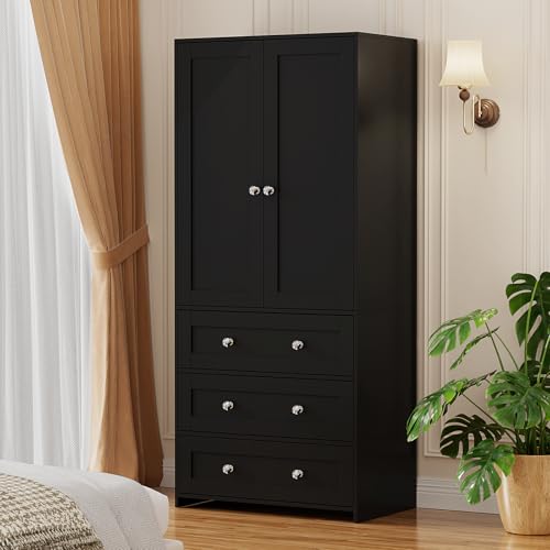 Image of VOWNER Armoire Wardrobe Closet with Drawers and Mirror, 71" Clothing Storage Cabinet with Hanging Rod, 2 Doors Wooden Wardrobe Cabinet for Bedroom, Large Capacity Storage