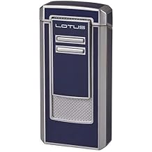 Lotus Commander Cigar Lighter with Triple Pinpoint Wind-Resistant Torch Flames, All Metal Housing, Integrated 9 mm Cigar Punch, Tinted Fuel Level Window Blue Lacquer & Chrome